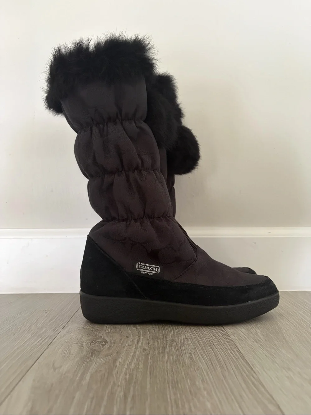 Coach Black Quilted Pull-On Winter Boots with Fur Pom Trim